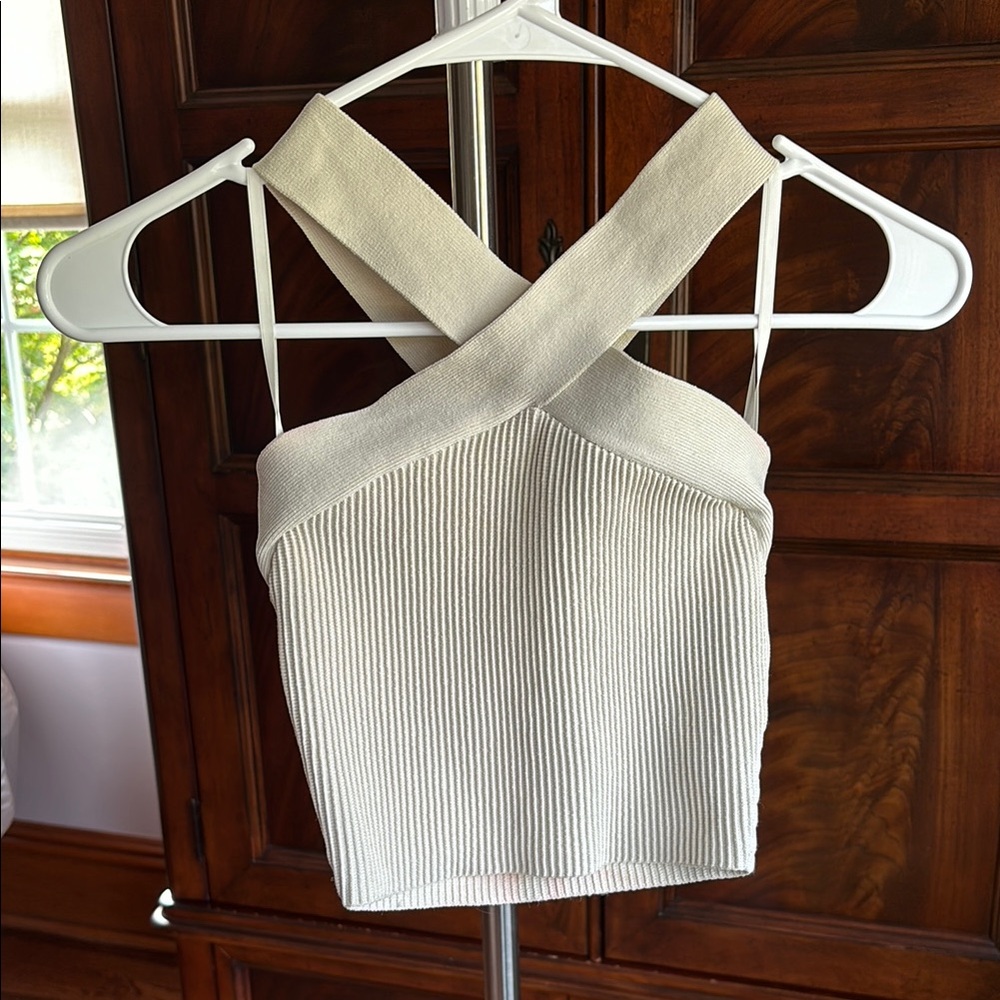 Babaton White Ribbed Sleeveless Tank Top